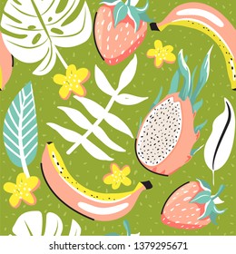 Modern seamless tropical pattern with strawberry, dragon fruit, banana, leaves, flowers and seeds. Texture for textile, postcard, wrapping paper, packaging etc. Vector illustration.