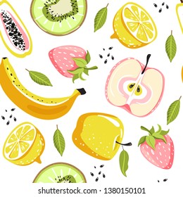 Modern seamless tropical pattern with strawberry, kiwi, apple, papaya, lemon, banana, leaves and seeds. Texture for textile, postcard, wrapping paper, packaging etc. Vector illustration.