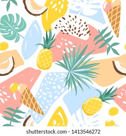 Modern seamless tropical summer pattern with ice cream, coconut, pineapple,various leaves and abstract elements. Contemporary floral collage. Texture for textile, postcard, wrapping paper, packaging e