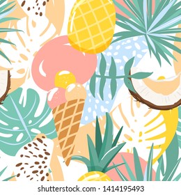 Modern seamless tropical summer pattern with ice cream, coconut, pineapple, various leaves and abstract elements. Contemporary collage. Texture for textile, wrapping paper, packaging etc. Vector.