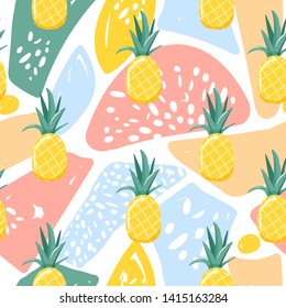 Modern seamless tropical summer pattern with pineapple and abstract elements. Creative contemporary collage. Texture for textile, postcard, wrapping paper, packaging etc. Vector.