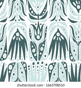 Modern seamless vector abstract pattern with simple spiky decorative flowers in marine colours on white background. Can be used for printing on paper, stickers, bijouterie, cards, textiles, sheets. 