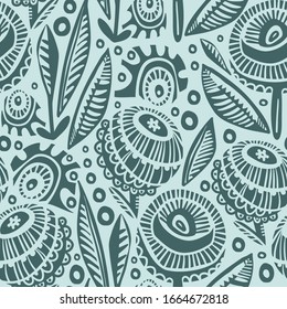 Modern seamless vector abstract pattern with simple ornamental flowers in marine colours on turquoise background. Can be used for printing on paper, stickers, bijouterie, cards, textiles, sheets. 