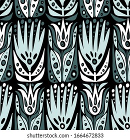 Modern seamless vector abstract pattern with simple spiky decorative flowers in marine colours on black background. Can be used for printing on paper, stickers, bijouterie, cards, textiles, sheets. 