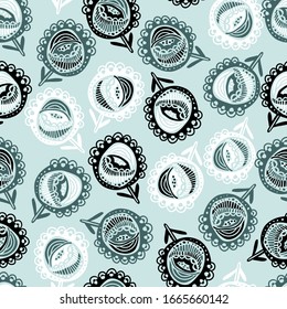 Modern seamless vector abstract pattern with simple ornamental flowers in marine colours on turquoise background. Can be used for printing on paper, stickers, bijouterie, cards, textiles, sheets. 