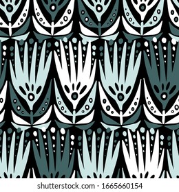 Modern seamless vector abstract pattern with simple spiky decorative flowers in marine colours on black background. Can be used for printing on paper, stickers, bijouterie, cards, textiles, sheets. 