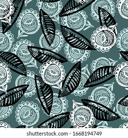 Modern seamless vector abstract pattern with simple ornamental flowers in marine colours on black background. Can be used for printing on paper, stickers, bijouterie, cards, textiles, sheets. 