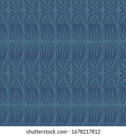 Modern seamless vector abstract pattern with simple spiky decorative flowers in monotone dark blue marine colours . Can be used for printing on paper, stickers, bijouterie, cards, textiles, sheets. 