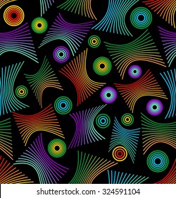 Modern seamless vector background with rainbow line elements and concentric circles in vivid colors on black area.