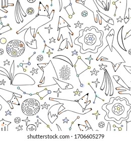 Moderne, nahtlose Vektorillustration, schwarz-weißes Muster gesäumter, süßer, verträumter Füchse und Planeten in verschiedenen Posen auf weißem Hintergrund. Kann für den Druck auf Papier, Tapete, Färbung, Textilien verwendet werden.