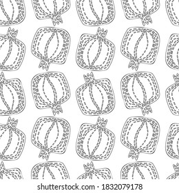 Modern seamless vector black and white pattern abstract silhouettes of flat lined pomegranates fruits. Can be used for printing on paper, stickers, badges, bijouterie, cards, textiles.