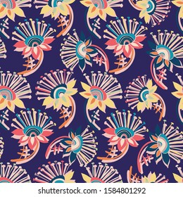 Modern seamless vector botanical colourful pattern with decorative flowers on a blue background. Can be used for printing on paper, stickers, badges, bijouterie, cards, textiles. 