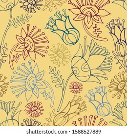 Modern seamless vector botanical colourful pattern with lined decorative flowers on yellow background. Can be used for printing on paper, stickers, badges, bijouterie, cards, textiles. 