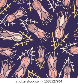 Modern seamless vector botanical colourful pattern with decorative flowers. Can be used for printing on paper, stickers, badges, bijouterie, cards, textiles. 