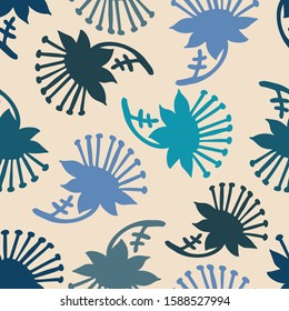 Modern seamless vector botanical colourful pattern with silhouettes of decorative flowers. Can be used for printing on paper, stickers, badges, bijouterie, cards, textiles. 