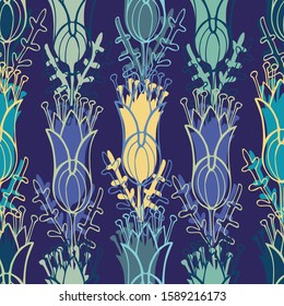Modern seamless vector botanical colourful pattern with lined decorative flowers on yellow background. Can be used for printing on paper, stickers, badges, bijouterie, cards, textiles