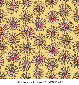 Modern seamless vector botanical colourful pattern with lined decorative flowers on yellow background. Can be used for printing on paper, stickers, badges, bijouterie, cards, textiles.