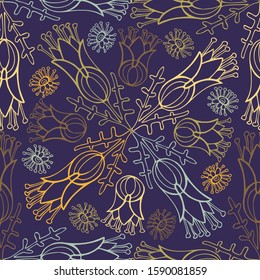 Modern seamless vector botanical colourful pattern with lined decorative flowers on a dark background. Can be used for printing on paper, stickers, badges, bijouterie, cards, textiles.