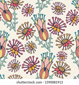Modern seamless vector botanical colourful pattern with silhouettes of decorative flowers. Can be used for printing on paper, stickers, badges, bijouterie, cards, textiles.