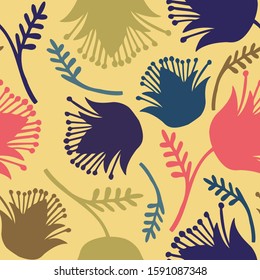 Modern seamless vector botanical colourful pattern with lined decorative flowers on yellow background. Can be used for printing on paper, stickers, badges, bijouterie, cards, textiles. 