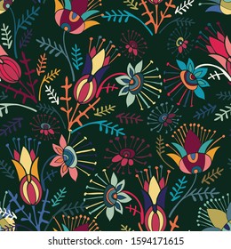 Modern seamless vector botanical colourful pattern with detailed silhouettes of decorative flowers. Can be used for printing on paper, stickers, badges, bijouterie, cards, textiles.