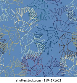 Modern seamless vector botanical colourful pattern with detailed silhouettes of decorative flowers in blue tones. Can be used for printing on paper, stickers, badges, bijouterie, cards, textiles.