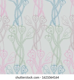 Modern seamless vector botanical colourful pattern with lined decorative lace flowers in pastel tones. Can be used for printing on paper, stickers, badges, bijouterie, cards, textiles. 