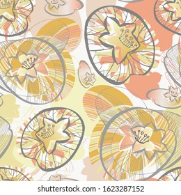 Modern seamless vector botanical colourful pattern with lined decorative water lilies on yellow background. Can be used for printing on paper, stickers, badges, bijouterie, cards, textiles. 