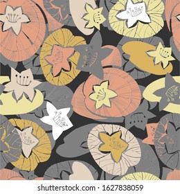 Modern seamless vector botanical colourful pattern with lined decorative water lilies on yellow background. Can be used for printing on paper, stickers, badges, bijouterie, cards, textiles. 