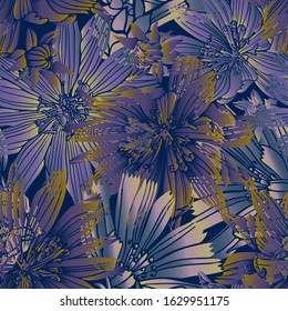 Modern seamless vector botanical colourful pattern with chicory flowers. Can be used for printing on paper, stickers, badges, bijouterie, cards, textiles. 