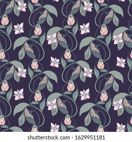Modern seamless vector botanical colourful pattern with garden flowers vintage kitch. Can be used for printing on paper, stickers, badges, bijouterie, cards, textiles. 