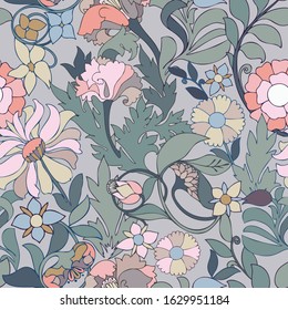 Modern seamless vector botanical colourful pattern with garden flowers in nouveau renaissance style. Can be used for printing on paper, stickers, badges, bijouterie, cards, textiles. 