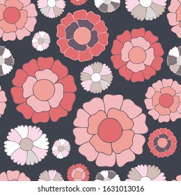 Modern seamless vector botanical colourful pattern with garden flowers vintage kitsch. Can be used for printing on paper, stickers, badges, bijouterie, cards, textiles. 