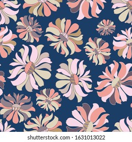 Modern seamless vector botanical colourful pattern with garden flowers vintage kitsch. Can be used for printing on paper, stickers, badges, bijouterie, cards, textiles. 