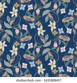 Modern seamless vector botanical colourful pattern with garden flowers vintage kitsch. Can be used for printing on paper, stickers, badges, bijouterie, cards, textiles. 