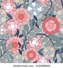 Modern seamless vector botanical colourful pattern with garden flowers vintage kitsch. Can be used for printing on paper, stickers, badges, bijouterie, cards, textiles. 