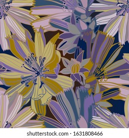 Modern seamless vector botanical colourful pattern with chicory flowers. Can be used for printing on paper, stickers, badges, bijouterie, cards, textiles. 