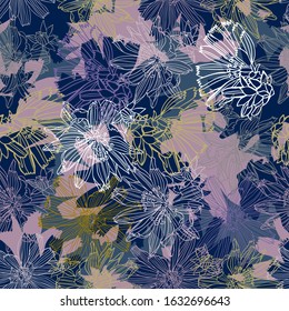 Modern seamless vector botanical colourful pattern with chicory flowers. Can be used for printing on paper, stickers, badges, bijouterie, cards, textiles.