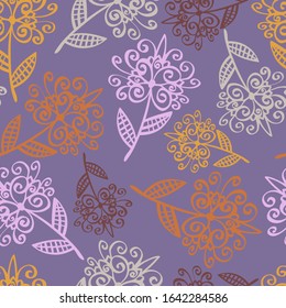 Modern seamless vector botanical colourful pattern with lined decorative flowers in purple. Can be used for printing on paper, stickers, badges, bijouterie, cards, textiles. 