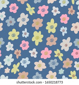 Modern seamless vector botanical colourful pattern with cute simple cartoon flowers. Can be used for printing on paper, stickers, badges, bijouterie, cards, textiles, kids clothes and sheets. 