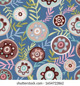 Modern seamless vector botanical colourful pattern with cute simple cartoon flowers. Can be used for printing on paper, stickers, badges, bijouterie, cards, textiles, kids clothes and sheets. 