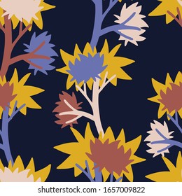 Modern seamless vector botanical colourful pattern with simple spiky decorative flowers on branches. Can be used for printing on paper, stickers, badges, bijouterie, cards, textiles, kids clothes.