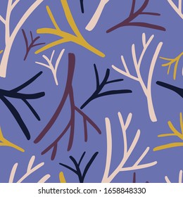 Modern seamless vector botanical colourful simple pattern with branches of trees. Can be used for printing on paper, stickers, badges, bijouterie, cards, textiles. 