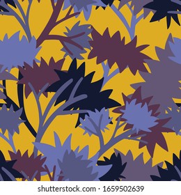 Modern seamless vector botanical colourful pattern with simple spiky decorative flowers on branches. Can be used for printing on paper, stickers, badges, bijouterie, cards, textiles, kids clothes and 