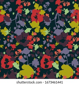 Modern seamless vector botanical colourful pattern with silhouettes of flowers. Can be used for printing on paper, stickers, badges, bijouterie, cards, textiles, kids clothes and sheets. 