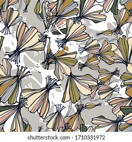 Modern seamless vector botanical colourful pattern with abstract lined butterfly flowers in pastel brown colors. Can be used for printing on paper, stickers, badges, bijouterie, cards, textiles. 