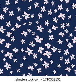 Modern seamless vector botanical colourful pattern with cute pink cartoon flowers on dark blue background. Can be used for backgrounds, dresses, shirts, cards, textiles, kids clothes and sheets. 