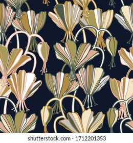 Modern seamless vector botanical colourful pattern with abstract lined butterfly flowers in pastel brown colors. Can be used for printing on paper, stickers, badges, bijouterie, cards, textiles. 