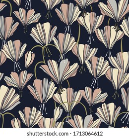 Modern seamless vector botanical colourful pattern with abstract lined butterfly flowers in pastel brown colors. 
