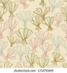 Modern seamless vector botanical colourful pattern with abstract lined butterfly flowers in pastel brown colors. Can be used for printing on paper, stickers, badges, bijouterie, cards, textiles. 